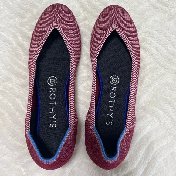 Rothy’s The Round Toe Flats Berry Red Knit Blue Trim Size 7.5 EUC Washable - Picture 2 of 9
